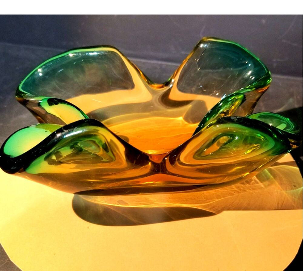 597. Murano Style Art Glass Bowl Dish Green and Amber Glows